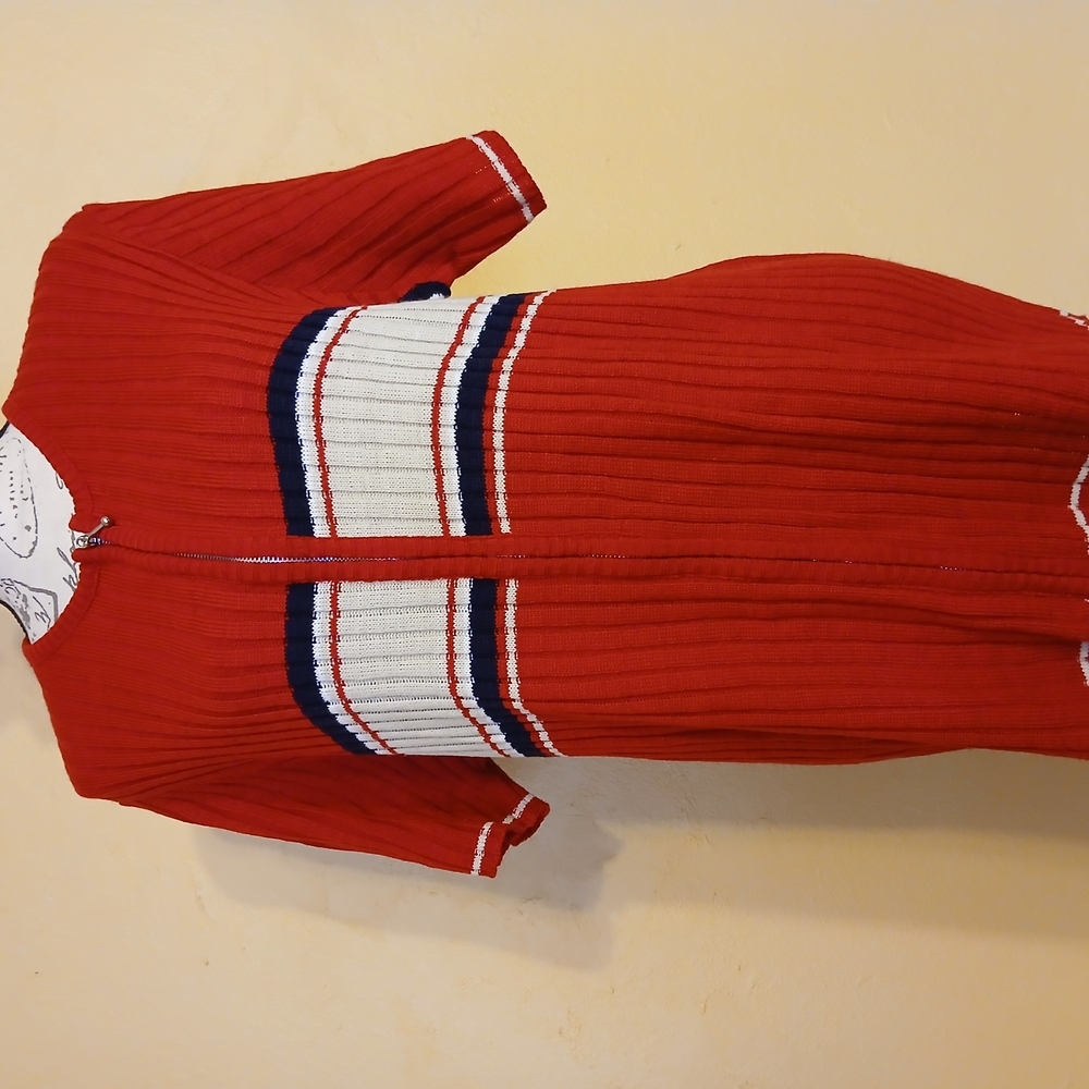 COPY - Red Knit Cardigan with Striped Accents